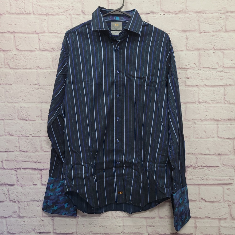 Thomas Dean Blue Striped Camo Flip Cuff Button Shirt Mens M Cotton Y2K Preppy